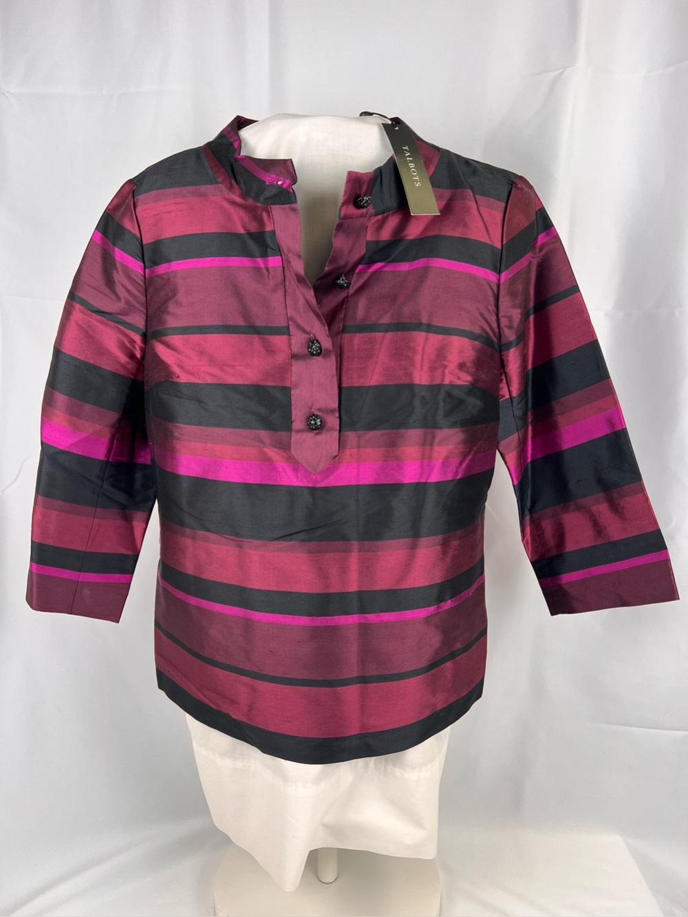 Talbots Womens Blouse Shirt Purple Striped Silk Rhinestone Button Up US 2 NWT